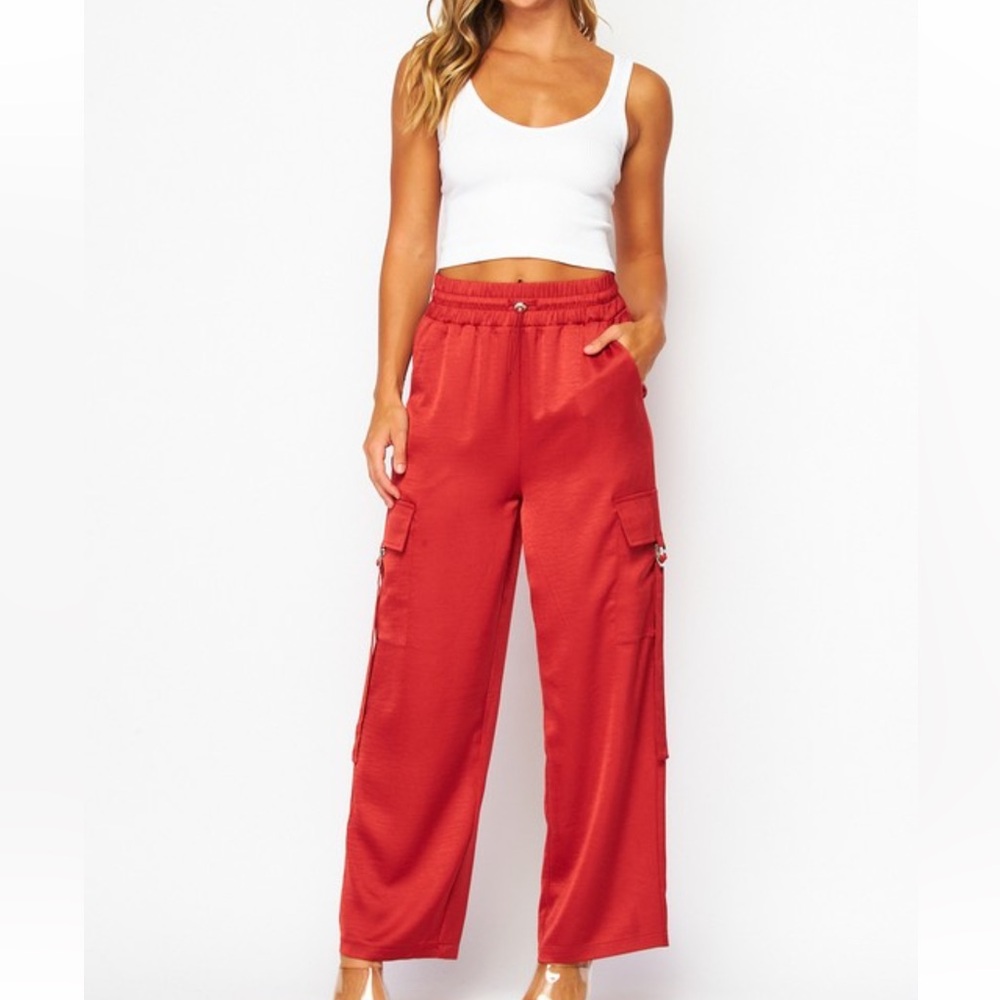 Women's Red Cargo Pants, Satin